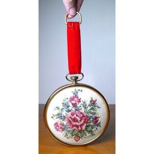 VTG Floral Needlepoint Roses 5" Round frame Convex Glass + Red Ribbon Spain 1974